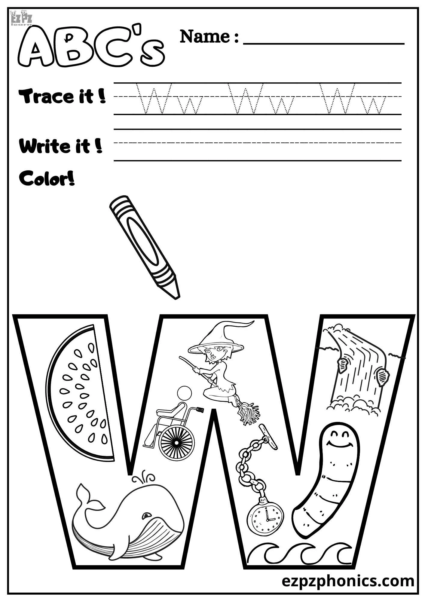 Letter W Trace, Write, and Color 